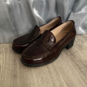 brown block heel penny loafers